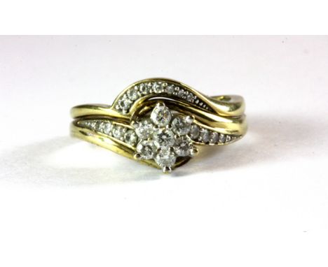 A 9ct yellow gold diamond set cluster ring and a matching 9ct gold diamond set wedding ring, (R).