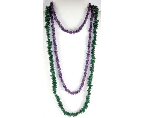 A necklace of amethyst beads and further necklace of green jade beads.