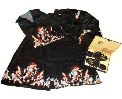 A vintage Japanese silk skirt, blouse and jacket with shoes in original box.
