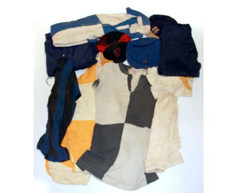 A collection of vintage school caps and rugby kit.