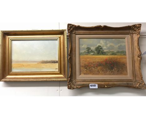 A gilt framed oil on board rural scene signed Christopher Osborne, 37 x 33cm, together with a further gilt framed oil on boar