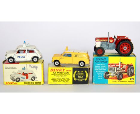 A Dinky toys Massey-Ferguson 165 tractor, together with a Dinky toys Police Mini Cooper and AA mini van.