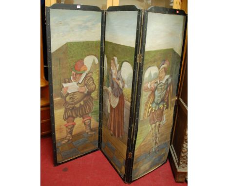A painted canvas three-fold dressing screen depicting medieval figures