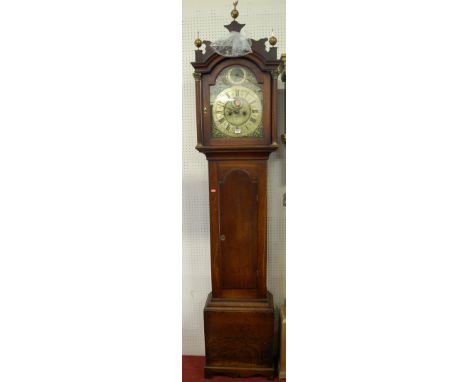 A circa 1800 oak longcase clock, having an arch brass dial signed 'Quare and Horseman' of London, eight day movement with pen