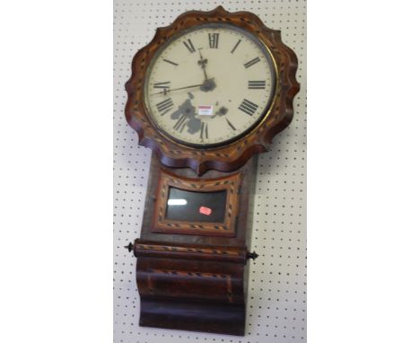 A late Victorian figured walnut and chequer inlaid drop trunk wall clock