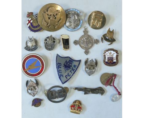 A small collection of lapel and other badges including British Overseas Airways Corporation, Guinness, Boy Scouts, US army, D