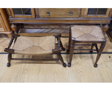 Old reproduction oak string top stool, and a low turned oak and string top bench / stool,  former 47 cm high