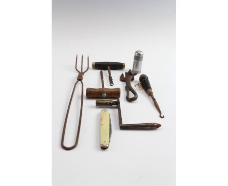 Sundry collector's items, including a late Victorian Bully Beef tin opener, two corkscrews, a button hook, etc