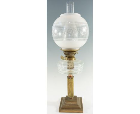 A Victorian and later columnar brass and glass oil lamp, having a duplex coronet burner and later enamelled and frosted globu