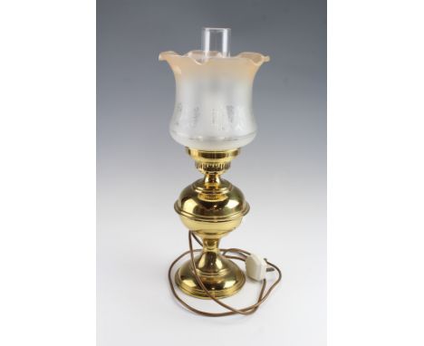 A brass oil lamp form electric table lamp, 50 cm