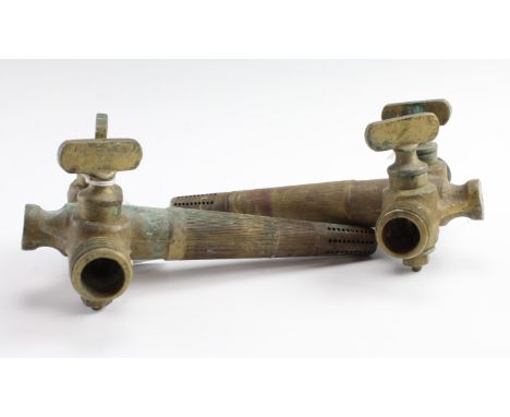 Two vintage brass spigot taps for oak barrels,  21 cm