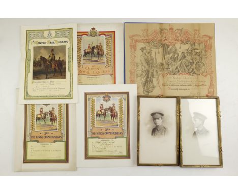 Military documents and photographs comprising a pair of framed portraits of Great War British army soldiers, four pictorial l