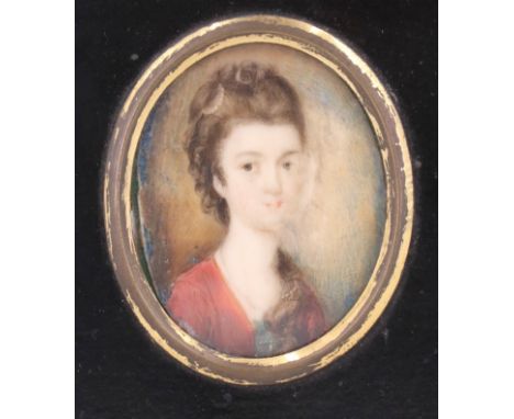 A portrait miniature of a young Georgian woman with quaffed hair and red dress, watercolour on ivory, in Georgian style black