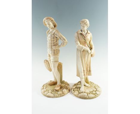 A pair of large Victorian Worcester Hadley figurines of a fisherman and woman, modelled respectively holding a basket and cre