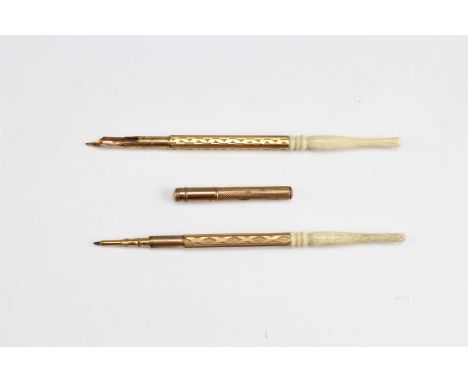 A cased John Bull "eye dropper" fountain pen, with filler and leaflet, together a bone-handled rolled-gold dip pen and propel