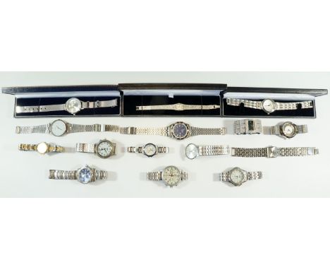 A group of stainless steel wristwatches, including a Timex Expedition, Sekonda, Limit, Geneva, etc