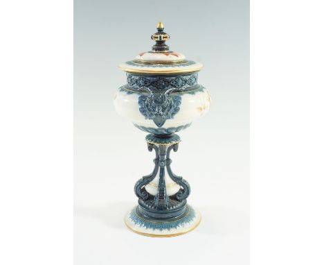 A Victorian Hadley's Worcester Faience footed covered bowl or pot pouri, of oblate form with domed lid, Bacchus-like masks, b