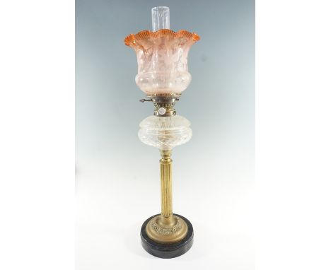 A Victorian columnar brass and glass oil lamp, having a concentric shaft 'Hinks No 2' duplex coronet burner, and etched crino