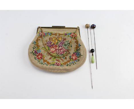 A mid 20th Century-petit-point clutch bag, together with three hat pins, including jade and glass 