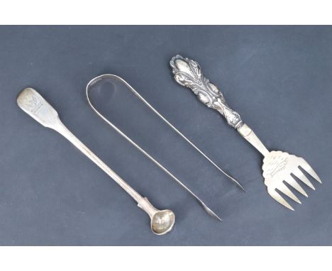 A set of George III silver sugar tongs, Thomas Wallis II, London, 1804, together with a Victorian silver fiddle pattern condi