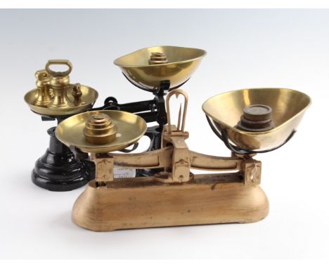 A set of vintage Avery cast iron and brass kitchen scales, and a modern set, together with various vintage and later brass we