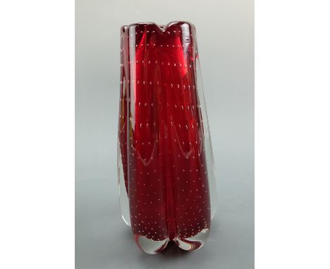 A Whitefriars controlled-bubble ruby glass vase, of tapering lobed form, shape number 9772, circa 1960s, 23 cm