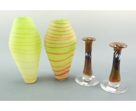 A harlequin pair of Shakspeare art glass frosted vases, having red spiral tail decoration, together with a pair of Shakespear