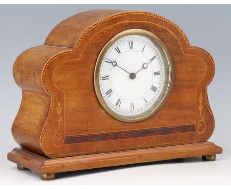 An Edwardian inlaid mahogany mantle clock, having a drum movement and platform escapement, 21 x 17 x 9 cm