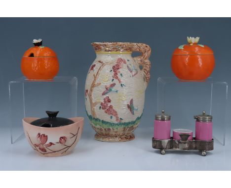 A Carlton Ware ceramic and electroplate condiment set, and a 1970s preserve pot, together with two novelty preserve pots, inc