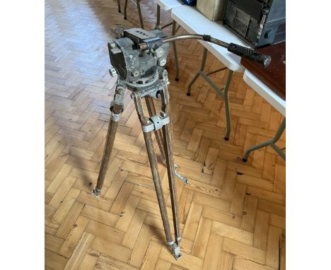 A vintage oak and aluminium TV camera tripod, early-to-mid 20th Century, 120 cm