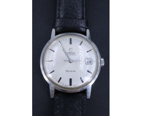 A 1960s Omega stainless steel wristwatch, having a calibre 565 automatic movement and radially-brushed silver face with baton