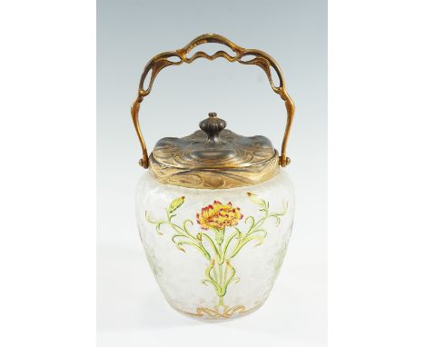 A Belle Époque Art Nouveau glass biscuit barrel, of shoulder ovoid form and decorated in an enamelled relief stylized depicti