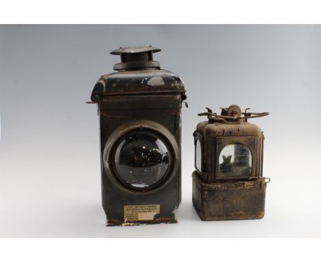 The Adlake non sweating railway lamp, model no 55/13, 22 cm x 38 cm, together with one other railway lamp, 15 cm x 30 cm 
