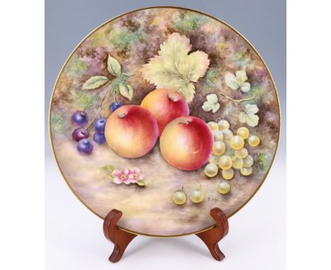 A 1980s hand painted cabinet plate by B Cox, decorated with apples and grapes, signed, 27 cm,  [Bryan Cox was an artist at Ro