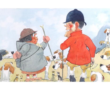 John Billy Wilkinson [ Wilk ] (Cumbrian, (Keswick) 1906 - 1994) Caricature depicting huntsman Johnny Richardson in conversati