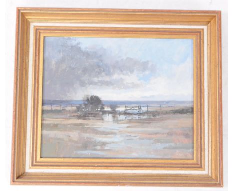 Norman Battershill (1922 - 2010) - A 20th-century oil on board titled 'Winter Floods', depicting a rural countryside scene of