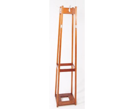 British Modern Design - Teak wood school / office tall hall coat / hat stand. Teak wood construction with later metal hooks a