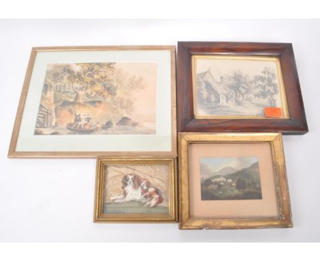 A selection of small, framed and glazed, 19th century artworks. 

Usigned and undated collage-style dog portrait, made by lay