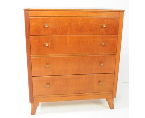 Lebus Furniture - A mid century retro teak chest of drawers. Having a bank of four drawers with bracket feet and circular met