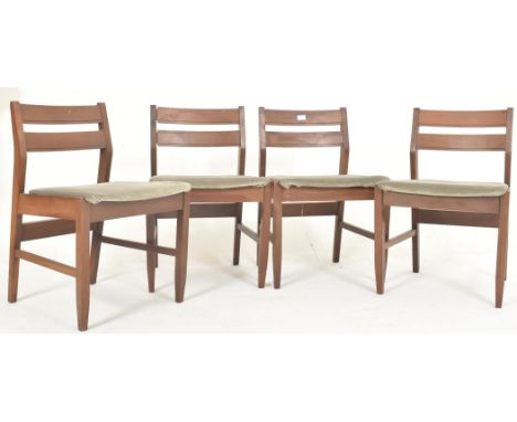 Danish Modern Design - a set of four retro mid 20th century teak &amp; velvet upholstered dining chairs. Each having a ladder