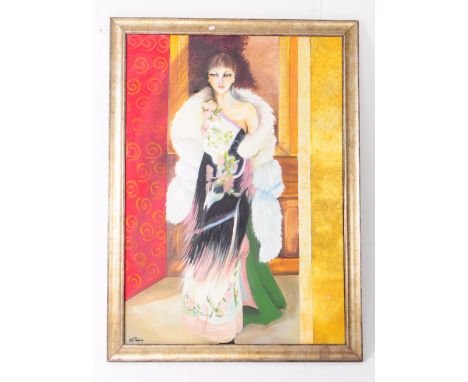A vintage 20th century oil on canvas Art Deco inspired painting. Depicting a woman in elegant attire, signed bottom left. L P