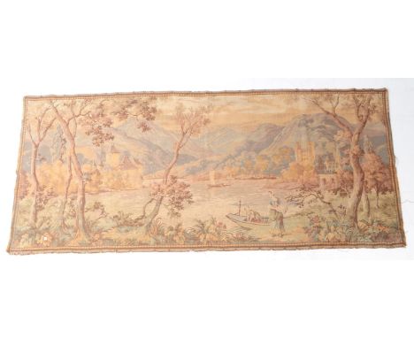 A late 20th century Swiss machine woven hanging panel tapestry / rug depicting a scene of Lake Geneva.
 29" x 70" dimensions 