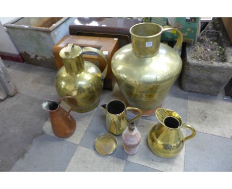Assorted Victorian brassware, copper jug and onyx lamp