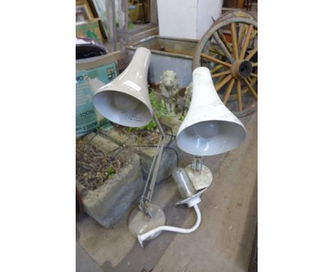 Two anglepoise lamps and an industrial wall light