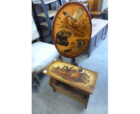 A tripod table and occasional table decorated with hunting scenes