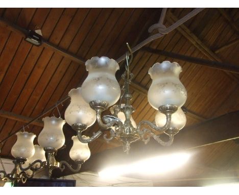 Brass 5 Branch Ceiling Light with Glass Shades