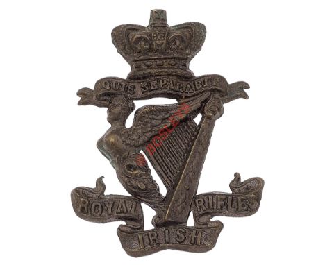 Royal Irish Rifles Victorian OR's glengarry badge circa 1881-96. Die-stamped blackened brass crowned scroll "Quis Separabit" 