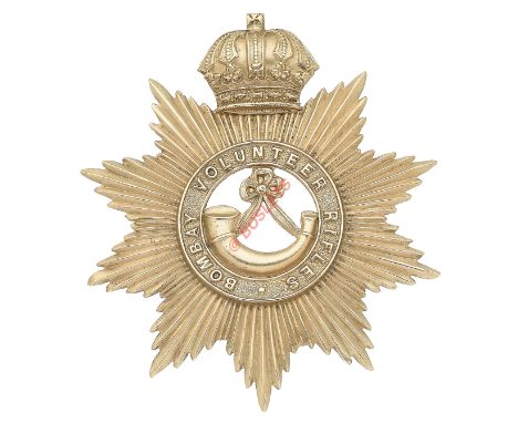 Indian Army. Bombay Volunteer Rifles Victorian helmet plate. A fine British die-stamped white metal example. Guelphic crowned