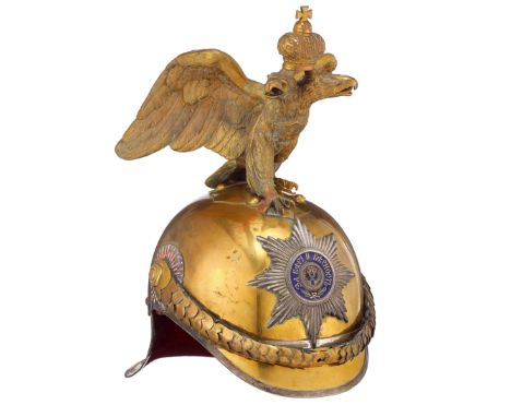 Imperial Russian Czar's Horse Guard Officer's helmet.  A magnificent and rare example. Gilt Tombac skull surmounted by splend