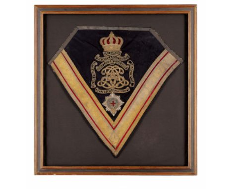 1st Life Guards Framed Victorian Shabraque Embroidered Horse, Saddle Cloth Hindquarter.  A richly embroidered panel of an Off